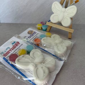 May include: A DIY painting kit featuring a butterfly-shaped ceramic figure, paint pots in various colors, and a paintbrush. The kit includes the text "It's my BIRTHDAY" and "CREATE!" on the packaging. A small wooden easel holds a painted butterfly.