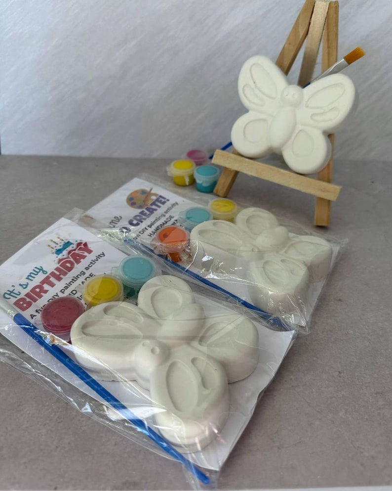 May include: A DIY painting kit featuring a butterfly-shaped ceramic figure, paint pots in various colors, and a paintbrush. The kit includes the text "It's my BIRTHDAY" and "CREATE!" on the packaging. A small wooden easel holds a painted butterfly.