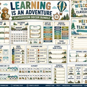 Peut inclure: Un ensemble de décoration de classe sur le thème du camping avec un ours, une montgolfière et une boussole. Comprend un calendrier, un affichage d'anniversaire, une météo, des niveaux de voix, l'alphabet, des nombres et des affiches.