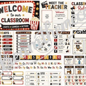May include: A collection of printable classroom decor featuring a movie theater theme with red, black, and gold accents. Includes signs for Welcome to our Classroom, Meet the Teacher, Classroom Rules, birthdays, days of the week, weather, and hall passes.
