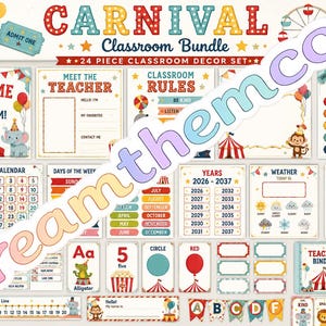 May include: A 24-piece carnival-themed classroom decor bundle featuring posters for welcome, classroom rules, voice levels, calendar, daily schedule, weather, and birthday charts. The set includes alphabet cards, number lines, and labels with circus graphics.
