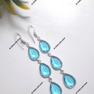 Longues boucles d'oreilles pendantes en forme de larme et topaze bleue : bijoux en argent sterling, boucles d'oreilles pour cadeau d'anniversaire