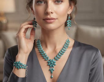 Set di gioielli artigianali in turchese "Sleeping Beauty", composto da collana, bracciale e orecchini, in argento sterling 925.