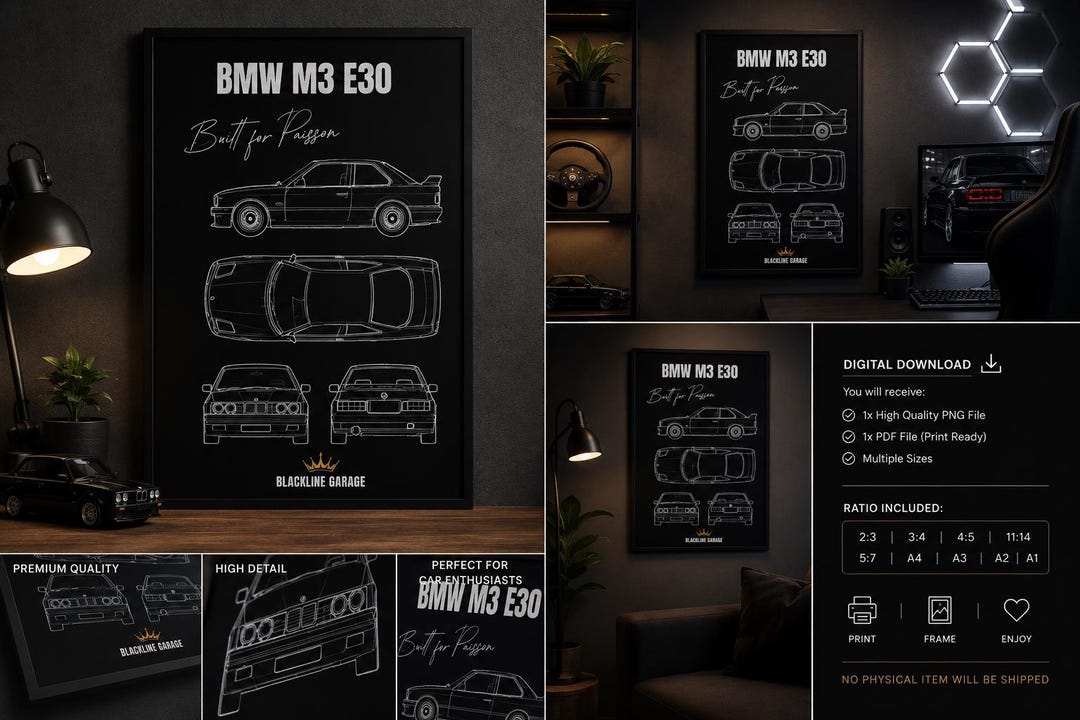 BMW E30 M3 Blueprint Poster | Automotive Wall Art | Garage Decor ...