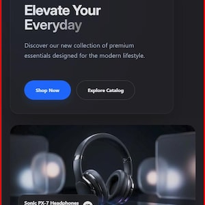Pode incluir: Interface de site escuro. No topo, "Eleve o seu dia a dia" com "Nova coleção 2024". Abaixo, são apresentados fones de ouvido pretos, rotulados como "Sonic PX-7 Headphones".