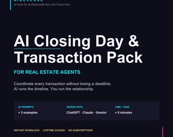 Mensajes de IA para agentes inmobiliarios / Paquete para el día del cierre / Marketing inmobiliario / 30 mensajes de ChatGPT Claude / Coordinación de transacciones / PDF