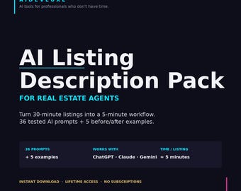 Plantilla de descripción de listado / Indicaciones de IA para agentes inmobiliarios / Marketing inmobiliario / 36 indicaciones de ChatGPT / Generador de descripciones MLS / PDF