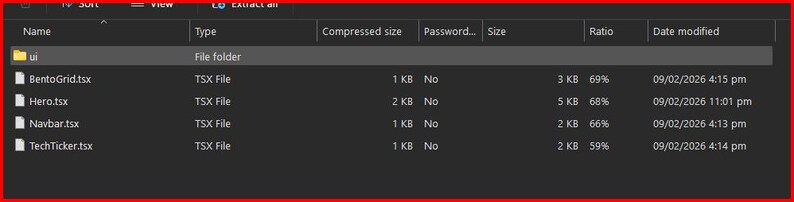 K&ouml;nnte beinhalten: Ein Screenshot eines Dateiverzeichnisses mit dunklem Hintergrund. Das Verzeichnis zeigt einen Ordner namens "ui" und mehrere TSX-Dateien, darunter BentoGrid.tsx, Hero.tsx, Navbar.tsx und TechTicker.tsx. Die Tabelle zeigt auch Dateigr&ouml;&szlig;en und &Auml;nderungsdaten.