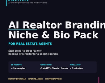 Mensajes de IA para agentes inmobiliarios / Paquete de marca y biografía / Plantillas para agentes inmobiliarios / 26 mensajes de ChatGPT / Eslogan, propuesta de valor y nicho / PDF