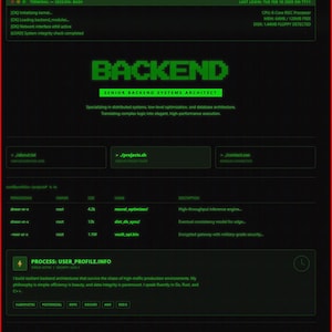 May include: A dark green terminal screen shows the word "BACKEND" in large, pixelated green letters. Below, it reads "SENIOR BACKEND SYSTEMS ARCHITECT." The screen displays code, file names, and system information.
