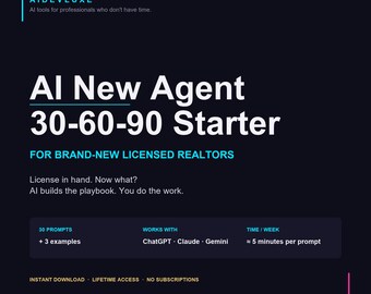 Mensajes de IA para nuevos agentes inmobiliarios / Paquete de inicio de 90 días / Marketing inmobiliario / 30 mensajes de ChatGPT Claude / Incorporación de nuevos agentes / PDF