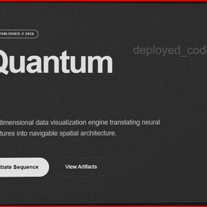 K&ouml;nnte beinhalten: Ein dunkelgrauer Bildschirm zeigt das Wort "Quantum" in Wei&szlig;, mit dem Text "ESTABLISHED // 2026" dar&uuml;ber. Darunter steht "Multidimensionale Datenvisualisierungs-Engine, die neuronale Signaturen in navigierbare r&auml;umliche Architektur &uuml;bersetzt."