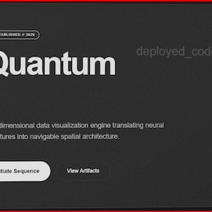 Puede incluir: Una pantalla gris oscuro muestra la palabra "Quantum" en blanco, con el texto "ESTABLISHED // 2026" encima. Debajo, se lee "Motor de visualización de datos multidimensional que traduce firmas neuronales en arquitectura espacial navegable."
