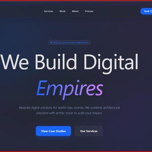 Peut inclure: Page d'accueil de site web avec un fond dégradé bleu foncé et violet. Le texte indique "We Build Digital Empires" en blanc et violet. Les boutons indiquent "View Case Studies" et "Our Services". Le logo Nexus est en haut à gauche.