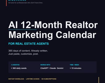 Mensajes de IA para agentes inmobiliarios / Calendario de marketing de 12 meses / Marketing inmobiliario / Contenido de 365 días / ChatGPT Claude Social / PDF