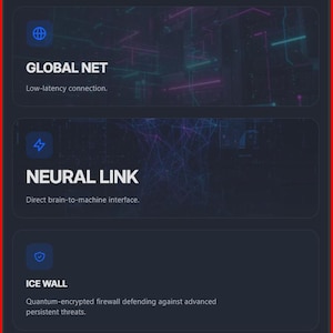 Può includere: Interfaccia digitale blu scuro con il testo "SYSTEM UPGRADES" e "ENHANCE YOUR DIGITAL EXISTENCE." Le sezioni includono "GLOBAL NET", "NEURAL LINK", "ICE WALL" e "AI CORE". Il logo AiDevStudios è in alto.