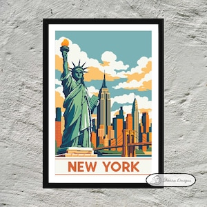 Affiche New York Vintage – Statue de la Liberté, Empire State building - Modèle de point de croix - Fichier PDF