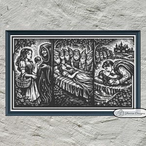 Peut inclure: Illustration encadrée en noir et blanc représentant des scènes de Blanche-Neige. L'œuvre montre Blanche-Neige avec la méchante reine, les sept nains et le prince embrassant Blanche-Neige. Un château est visible en arrière-plan.