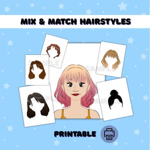 Puede incluir: Gráfico imprimible con una ilustración de dibujos animados de una mujer con cabello rosa y rubio, rodeada de varias opciones de peinado. El texto "MIX & MATCH HAIRSTYLES" y "PRINTABLE" se muestra sobre un fondo azul claro.