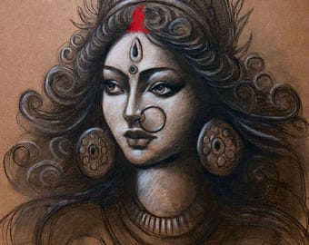 Handgemaakte portrettekening godin | Traditioneel Indiaas houtskoolpastelkunstwerk