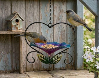 Comedero para pájaros con forma de corazón para exteriores, decoración colgante para jardín, bandeja para semillas de pájaros silvestres, regalo único de metal para amantes de las aves, regalo para el Día de la Madre