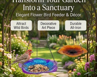 Comedero para pájaros de cristal con forma de flor, decoración colgante para jardín, comedero para pájaros silvestres para exteriores, bebedero para pájaros con vibrantes flores, regalo único para el jardín, arte de hierro duradero