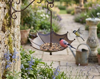 Comedero para pájaros con forma de paraguas vintage, baño colgante de metal para pájaros, decoración de jardín, arte para exteriores, acabado en cobre y bronce, regalo único para amantes de las aves.