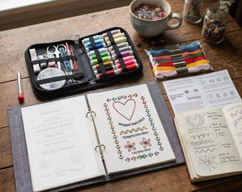 Kit de iniciación al bordado para principiantes, libro de muestras de puntadas con páginas desmontables, kit de práctica de bordado a mano DIY, set completo de costura de regalo