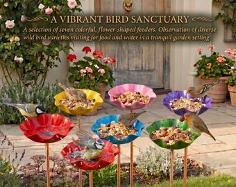 Comedero y bebedero para pájaros de metal hecho a mano con forma de flor, estaca para jardín, decoración colorida para exteriores, adorno de escultura floral, regalo único para el jardín.