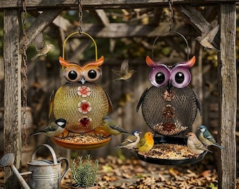 Comedero para pájaros con forma de búho para colgar en el jardín, comedero de hierro para pájaros silvestres para patio, decoración artística, regalo único para amantes de las aves, estatua de búho de metal.