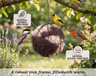 Bola nido para pájaros hecha a mano con relleno de lana natural, nido esférico de hierro para pájaros, decoración de jardín para aves silvestres, kit de anidación para colibríes, regalo ecológico