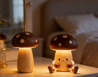 Lámpara de madera con forma de hongo, hecha a mano, recargable, de noche, de madera maciza con interruptor táctil, ideal como regalo.