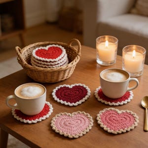 May include: Heart-shaped crochet coasters in shades of red and pink, with white edging. A stack of coasters is in a woven basket. Two coffee mugs and two lit candles are on the wooden table. Coasters are measured in centimetres.