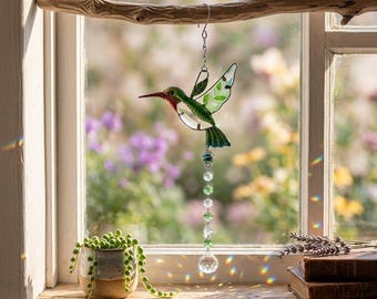 Atrapasueños de cristal con forma de colibrí, vidriera colgante, prisma creador de arcoíris, adorno de jardín, regalo hecho a mano para amantes de las aves, ideal para mamá.