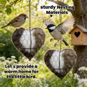 Handmade Fiber Bird Nesting Heart, Refillable Birds Haven Winter Fowl Gifts Animal Hummingbirds Lovers Home Garden Yard