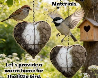 Handmade Fiber Bird Nesting Heart, Refillable Birds Haven Winter Fowl Gifts Animal Hummingbirds Lovers Home Garden Yard