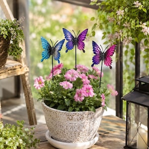 May include: A potted plant with pink flowers and three decorative butterfly stakes. The butterflies are blue, purple, and pink, and are attached to black stakes. The pot is white with a textured design.
