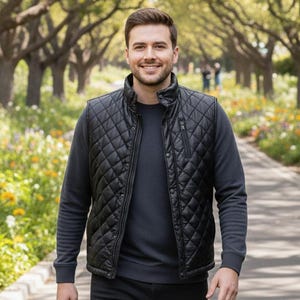 Könnte beinhalten: Schwarze Steppweste mit Stehkragen und Reißverschluss. Getragen über einem dunkelblauen Langarmshirt und einer schwarzen Hose. Die Person geht auf einem Weg, der von Bäumen und Blumen gesäumt ist.