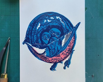 Nuthatch Breakfast' Bird Nature Design- Hand Burnished Lino Carved Print