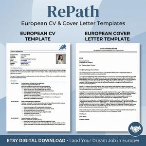 Op de afbeelding: Digitale download van Europese cv- en sollicitatiebriefsjablonen. De afbeelding toont voorbeelden van een cv en sollicitatiebrief met een professionele lay-out. Het "RePath"-logo staat bovenaan.