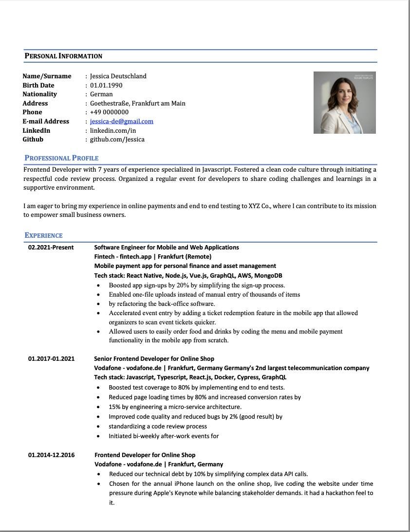 European CV Template | Cover Letter, ATS Resume (digital Download) - Etsy
