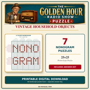 Printable Nonogram Puzzles for Adults 7 Vintage Household Objects with Answer Key