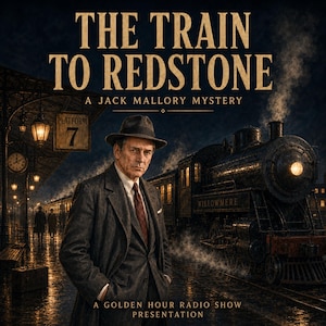 以下が含まれることがあります： 「The Train to Redstone, A Jack Mallory Mystery, A Golden Hour Radio Show Presentation」というタイトルのブックカバー。暗いコートとフェドラ帽をかぶった人物が、Willowmereという名前の蒸気機関車の横にある駅のホームに立っている様子が描かれています。