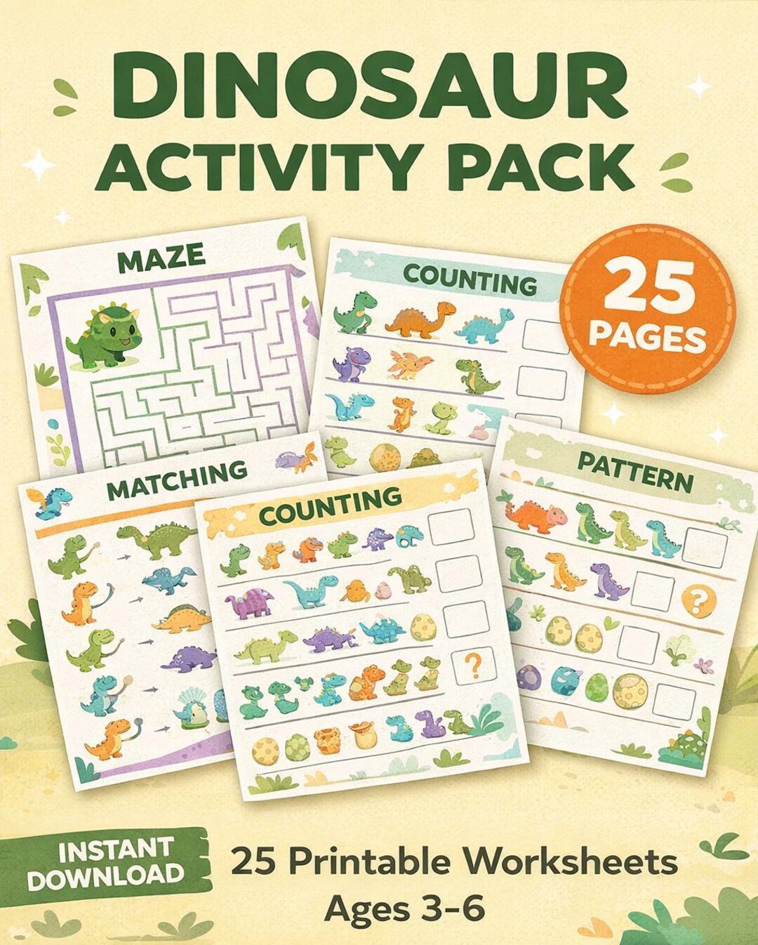 Dinosaur Activity Pack Printable | Preschool Maze, Matching, Counting ...
