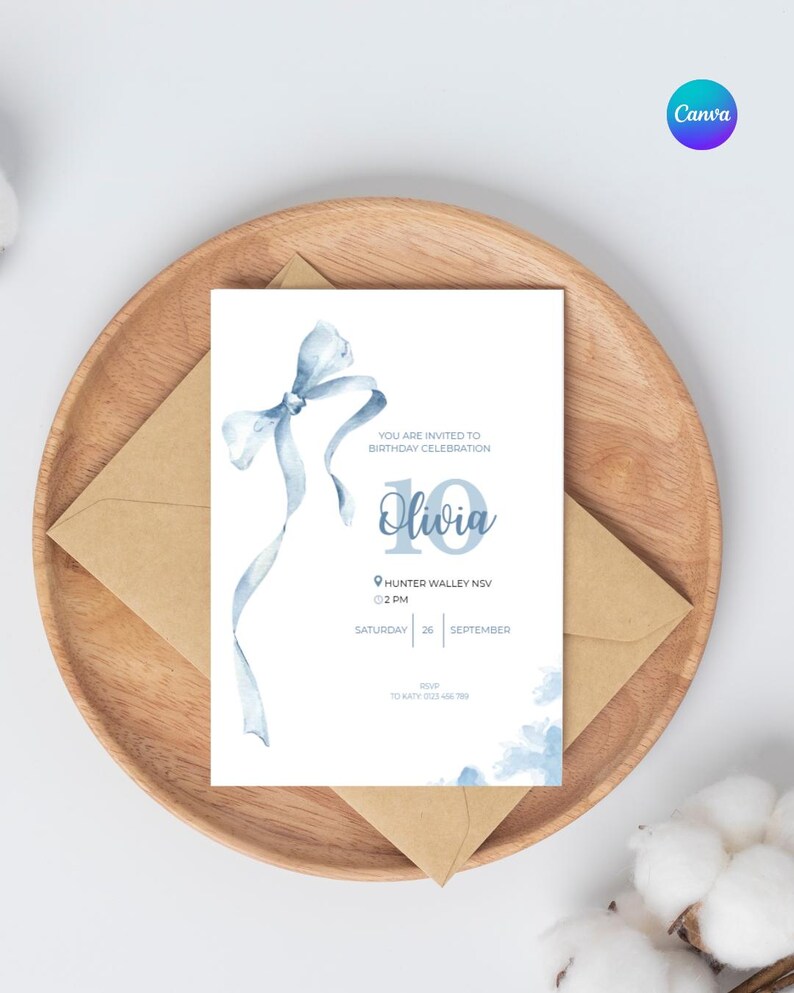 Editable Birthday Invitation Canva Template, Blue Bow Birthday Invite ...