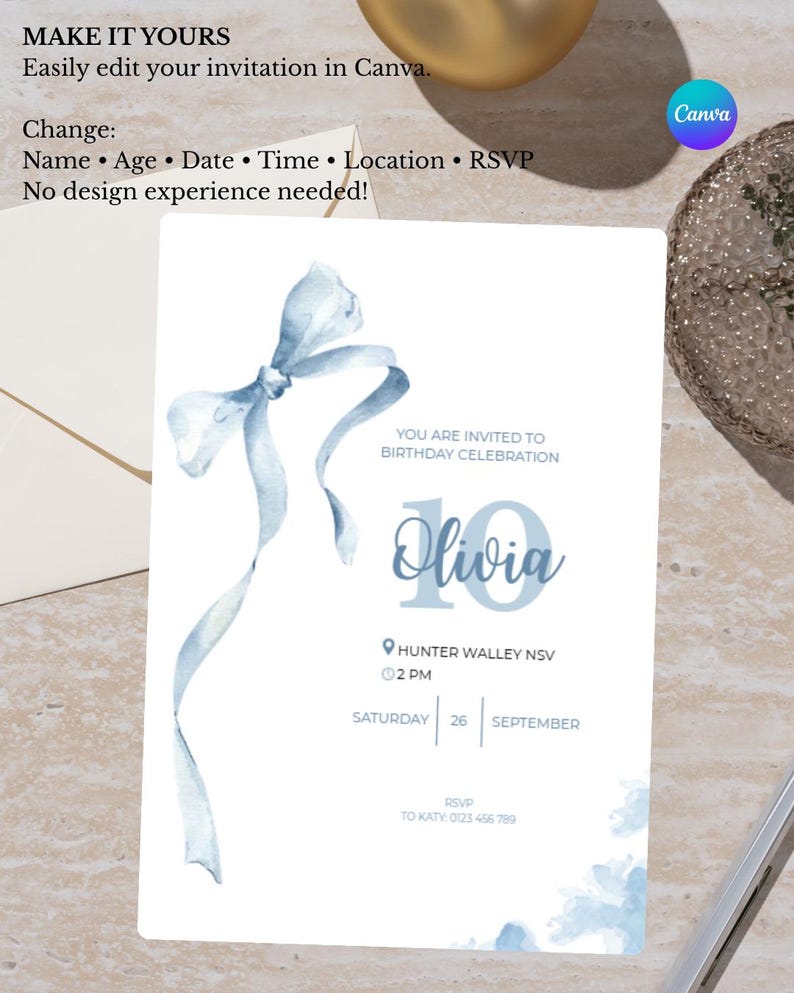 Editable Birthday Invitation Canva Template, Blue Bow Birthday Invite ...