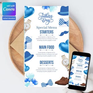 May include: A Father's Day menu template with blue accents, featuring text for starters, main food, and desserts. Decorative elements include bow ties, hats, watches, and shoes. A smartphone displays the menu.