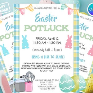 Op de afbeelding: Uitnodiging voor een paas-potluck in pastelkleuren. De uitnodiging bevat tekst, konijnenillustraties en paasei-afbeeldingen. Het ontwerp heeft een blauw en geel geruit patroon en een banner met pastelvlaggen. De tekst luidt "Bring a dish to share!"