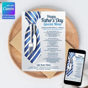 May include: A Father's Day special menu with a blue and white striped tie design. The menu includes a list of food items and the restaurant's name. A smartphone displays the same menu. The menu is on a wooden tray.