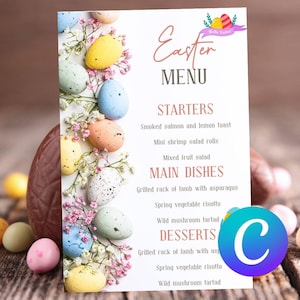 Può includere: Menu di Pasqua con uova maculate colorate e accenti floreali. Il menu include antipasti, piatti principali e dessert. Il testo recita "Easter MENU" con un logo "Hello Easter" in alto a destra.